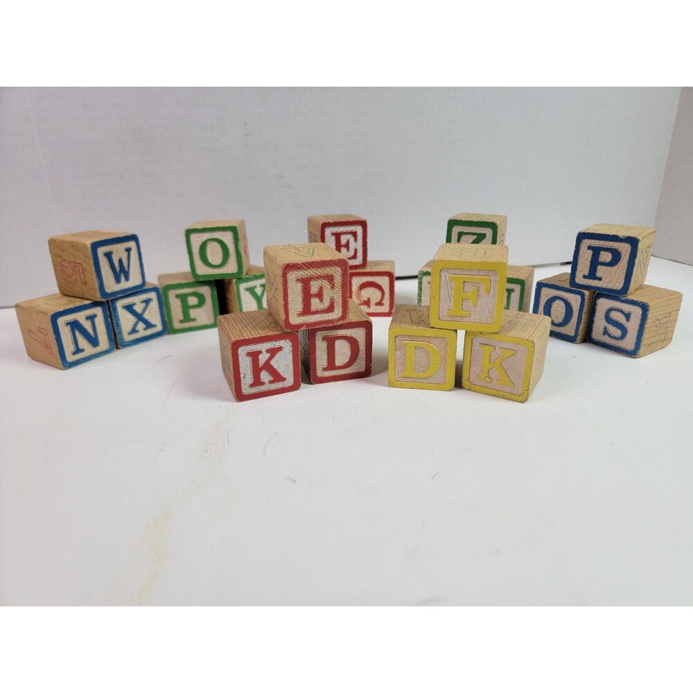 Wooden Alphabet ABC Blocks Vintage Style Colored Letter Learning Toy Lot